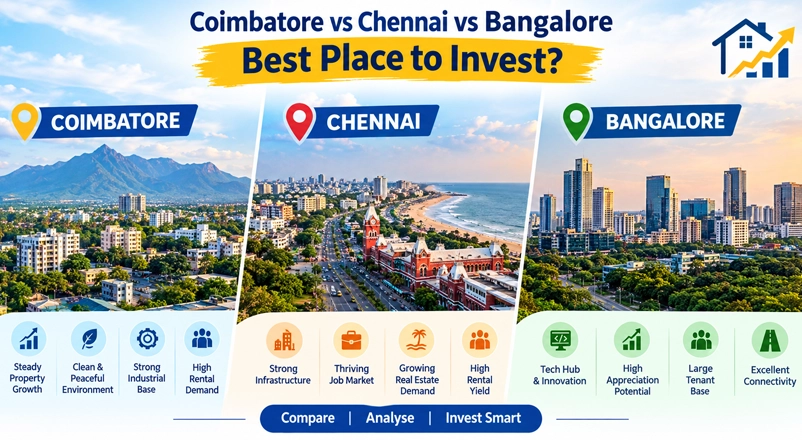 Real estate investment comparison graphic for Coimbatore, Chennai, and Bangalore property market