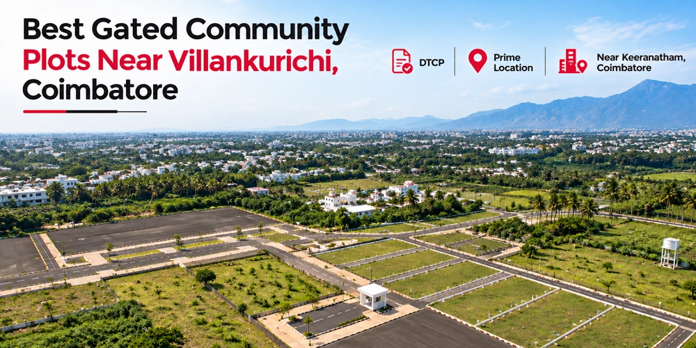 Entrance arch and aerial layout view of Mayon's Vriksham Grande residential plots Villankurichi