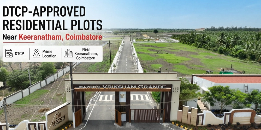 Entrance arch and aerial layout view of Mayon's Vriksham Grande residential plots Keeranatham