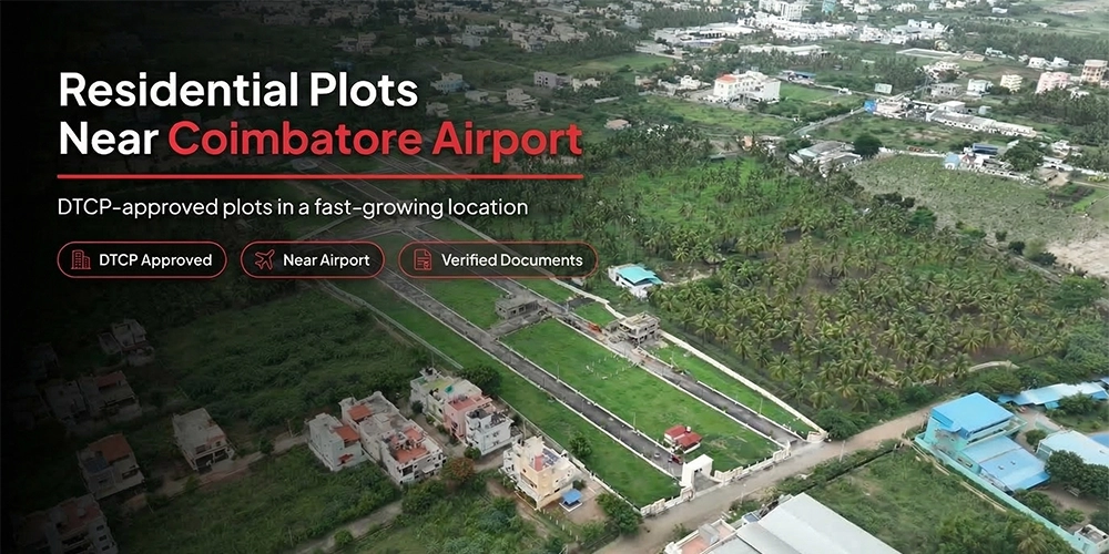 Open residential land plots arranged in a planned layout near the Coimbatore airport zone in Tamil Nadu