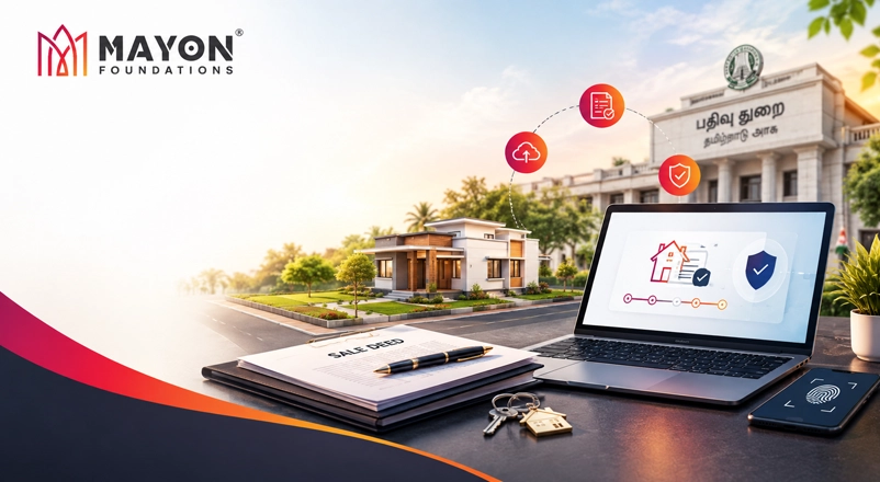 Laptop displaying digital property registration with sale deed documents and home keys