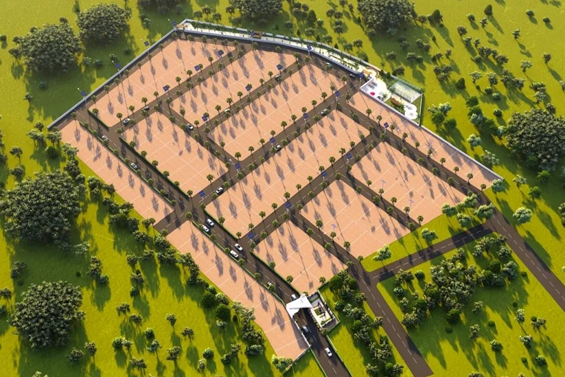 Gated community plots in Kovilpalayam, Coimbatore with paved roads, streetlights, and trees