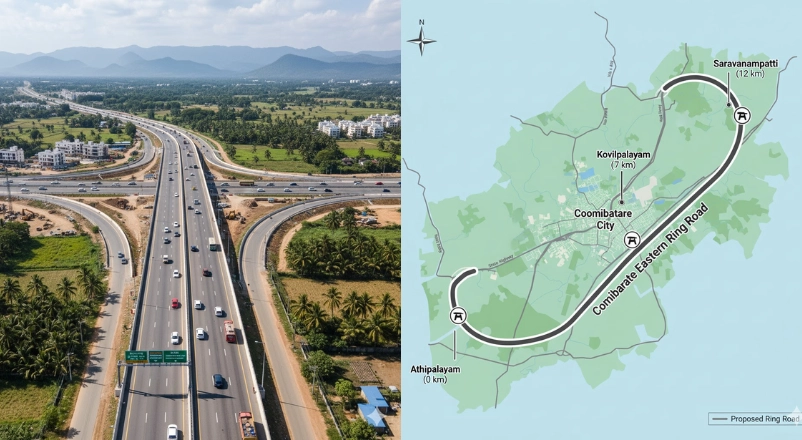 A map highlighting new development corridors and booming real estate zones along Coimbatore's Ring Road.